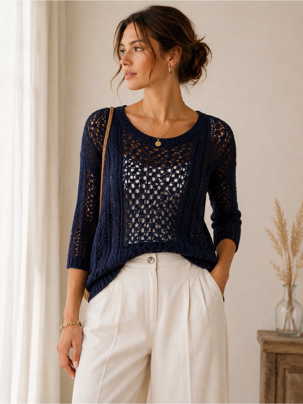 Anthropologie Moth Open Knit Sweater Navy Blue Crochet Back Zip Pullover XL
